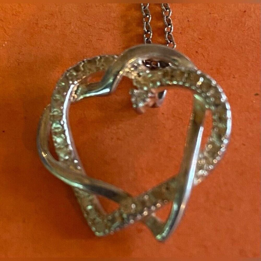 Women’s Necklace Sterling Silver Double Heart Entwined Diamonds 16” Love Pendant